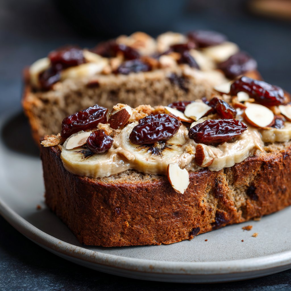 Bananenbrot mit Mandelmus und Datteln